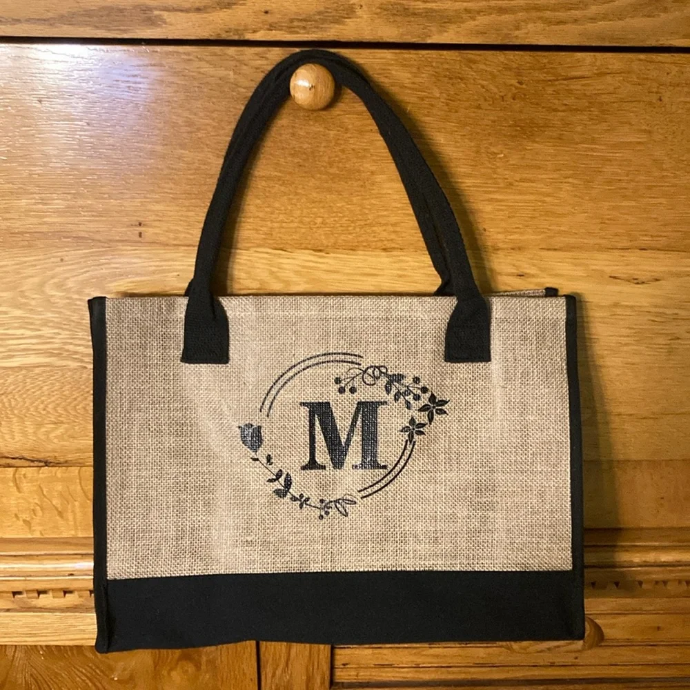 ‘M’ Initial Burlap Tote Bag & Matching Makeup Bag - Picture 2 of 10
